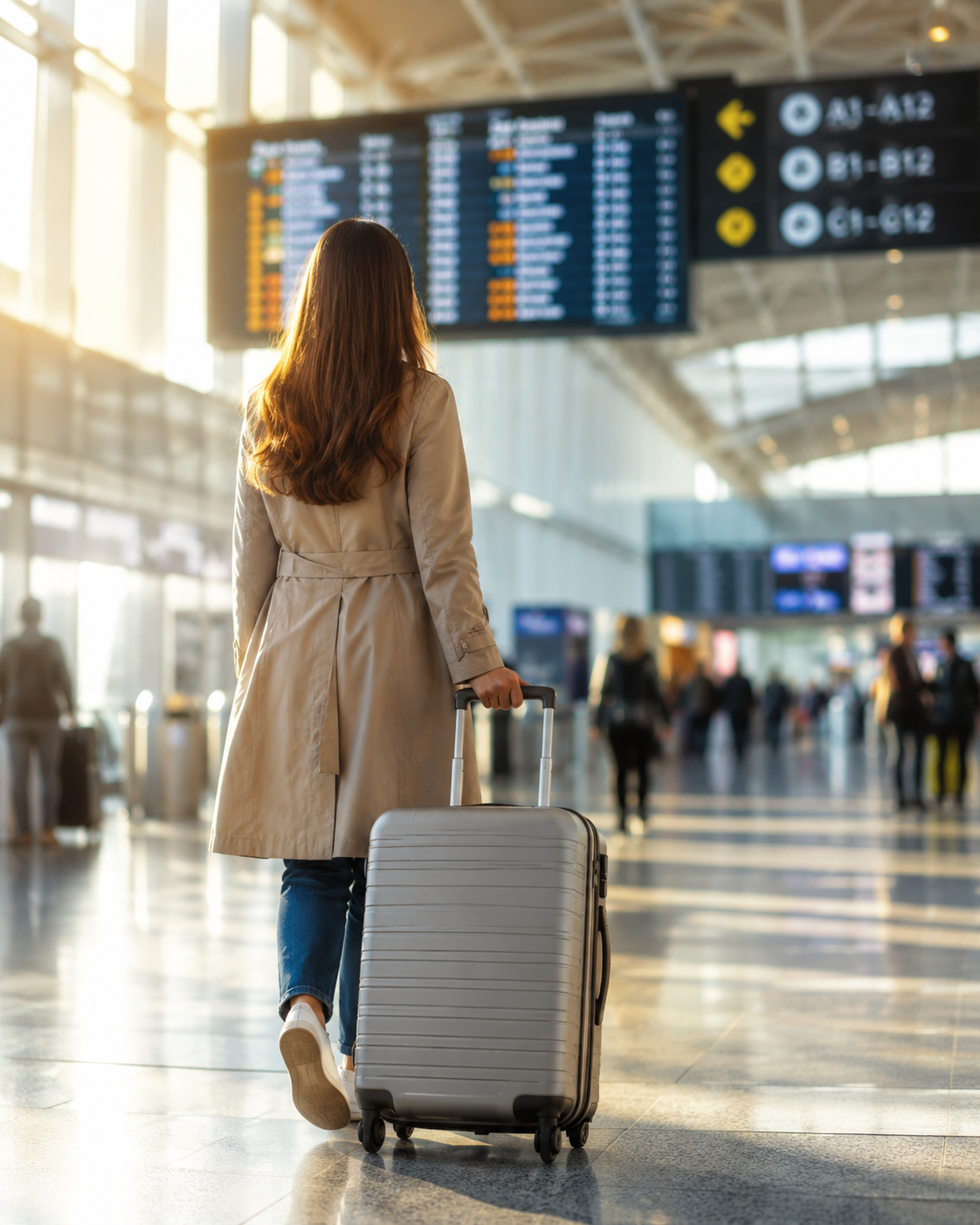 Pessoa com mala em um terminal de aeroporto