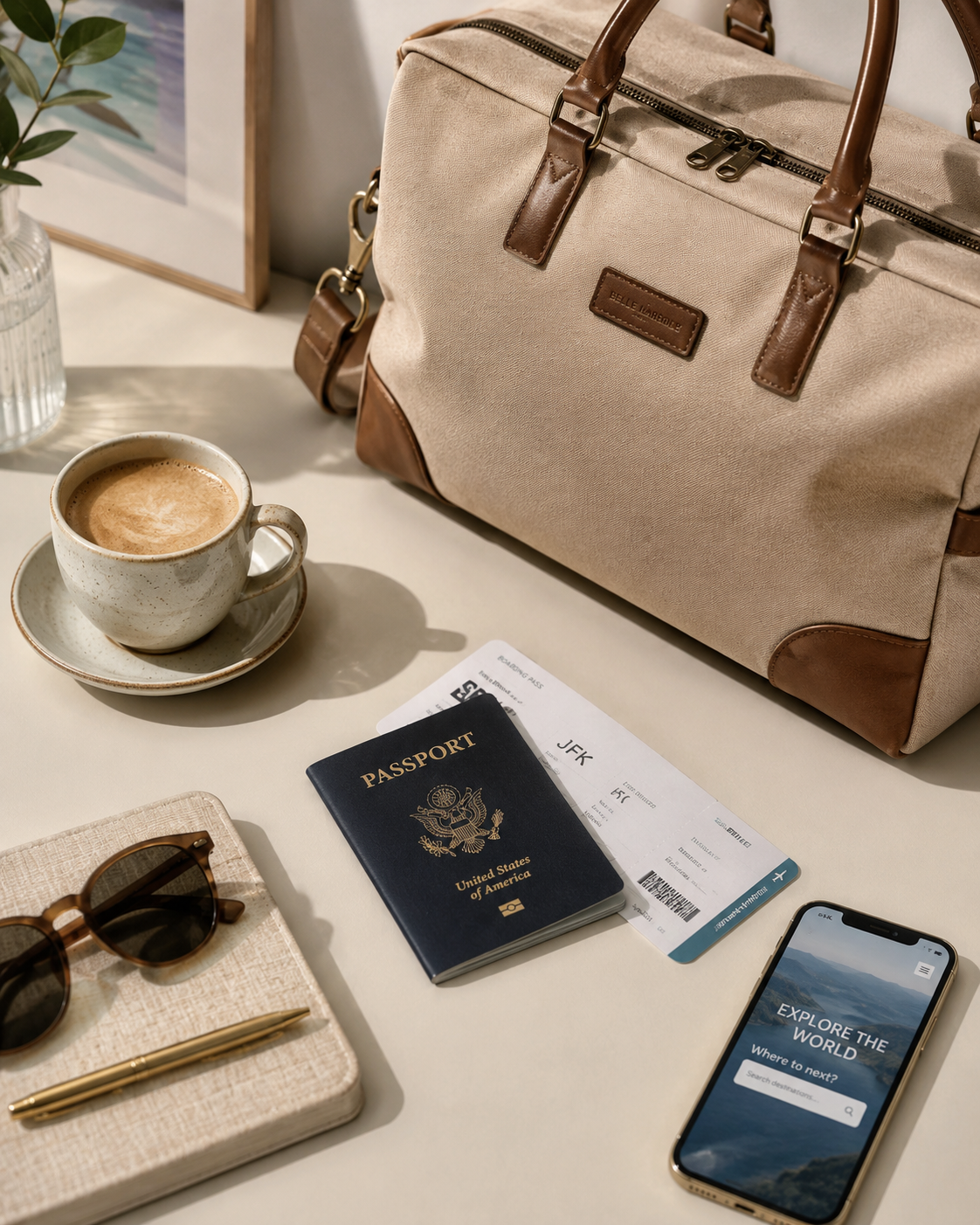 Mala, passaporte, café e celular preparados para uma viagem