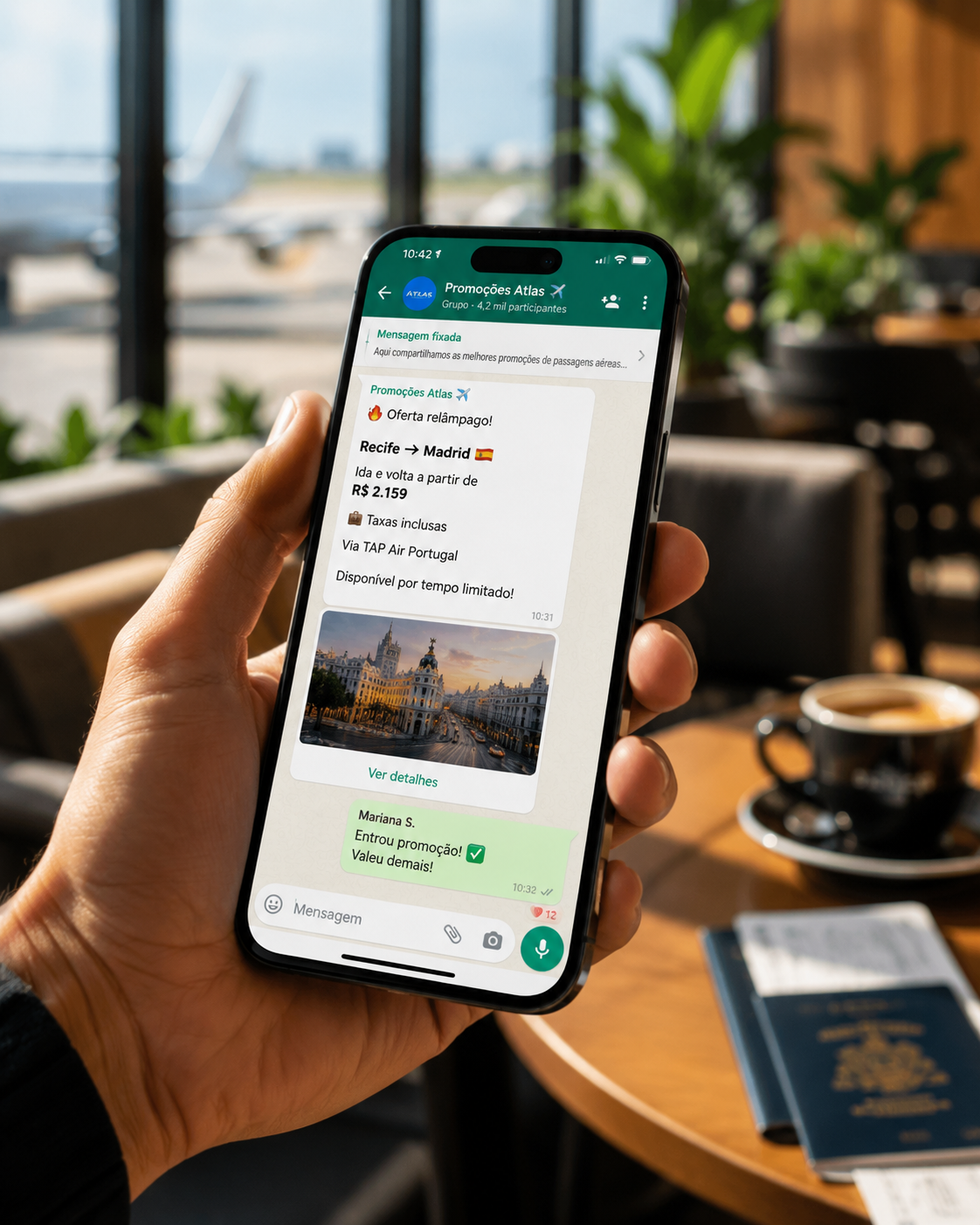 Celular mostrando o grupo de promoções da Atlas no WhatsApp